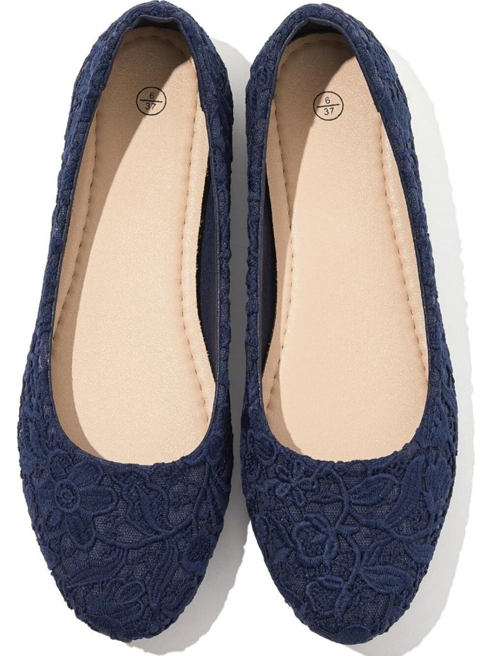 Women's Navy Round Toe Lace Mesh Ballet Flats Comfortable Low Heel Shoes